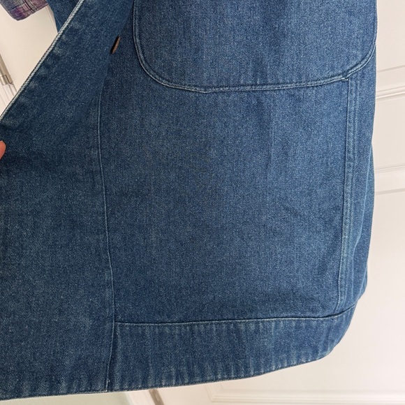 Vintage 80’s Denim Long Duster Blue Pink Plaid Lined Long Coat Sz L Jean Heavy - Picture 16 of 17